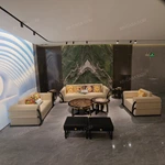 Light Beige Leather Sofa Set with Double-Layer Diamond Quilted Craftsmanship, Black Glossy Curved Natural Wood Veneer & Golden Stainless Steel Accents